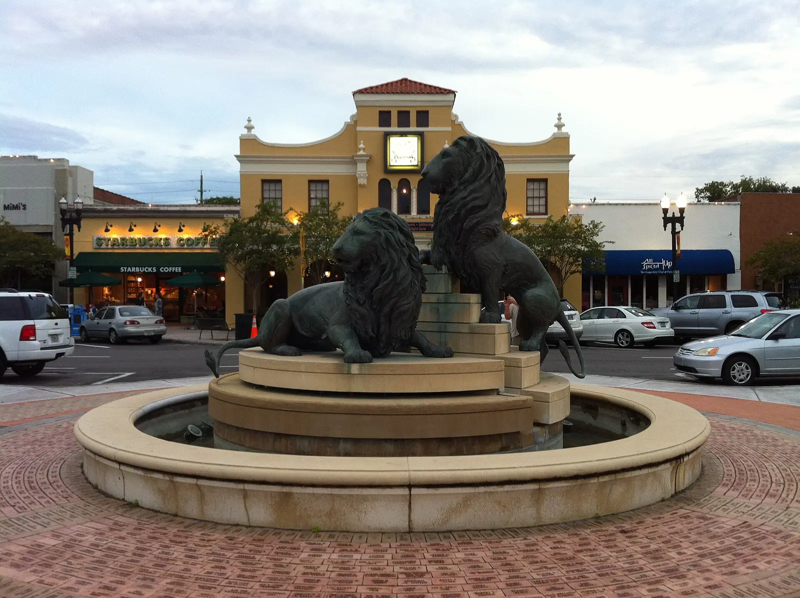 The lion fountain in Balis Park at San Marco Square, ringed by shops and restaurants, in Jacksonville.