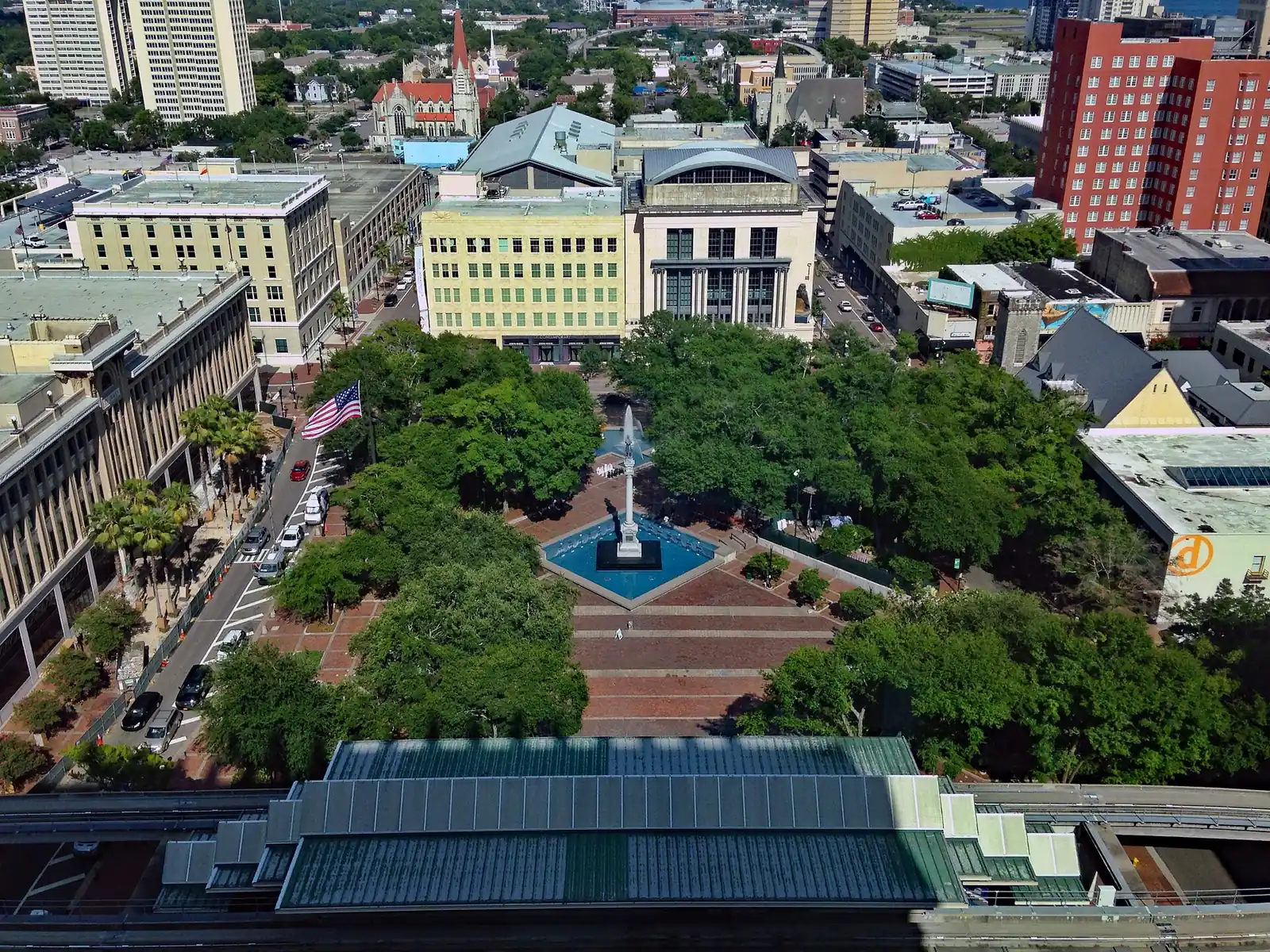 James Weldon Johnson Park, the downtown square formerly called Hemming Park, seen from above