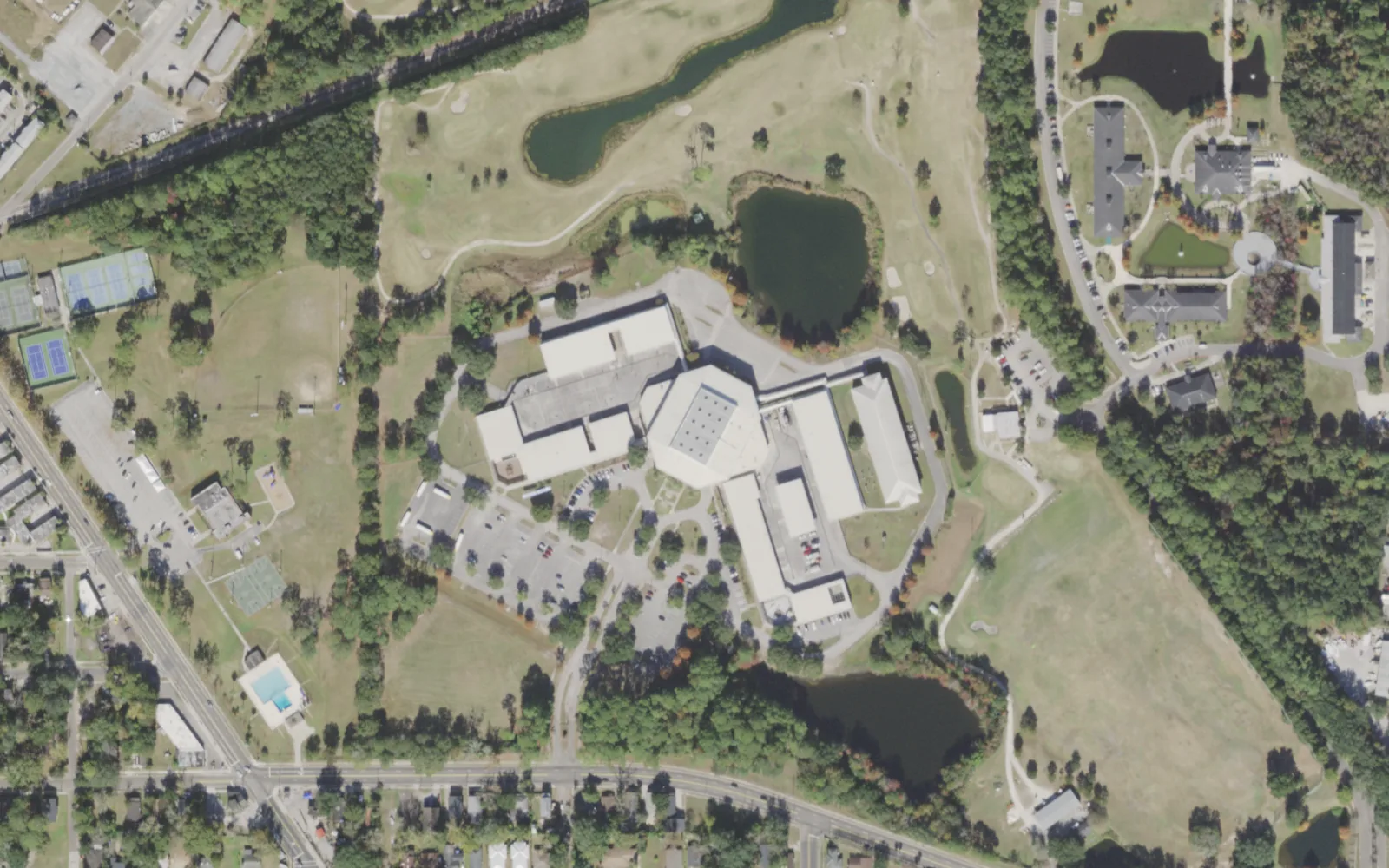 A. Philip Randolph Career Academies' campus (center) and the blocks around it on Golfair Boulevard in Jacksonville, seen from the air