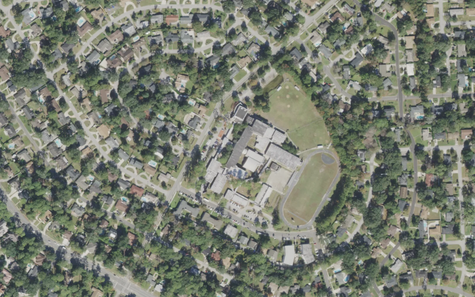 Alfred I. duPont Middle's campus (center) and the blocks around it on Dupont Avenue in Jacksonville, seen from the air