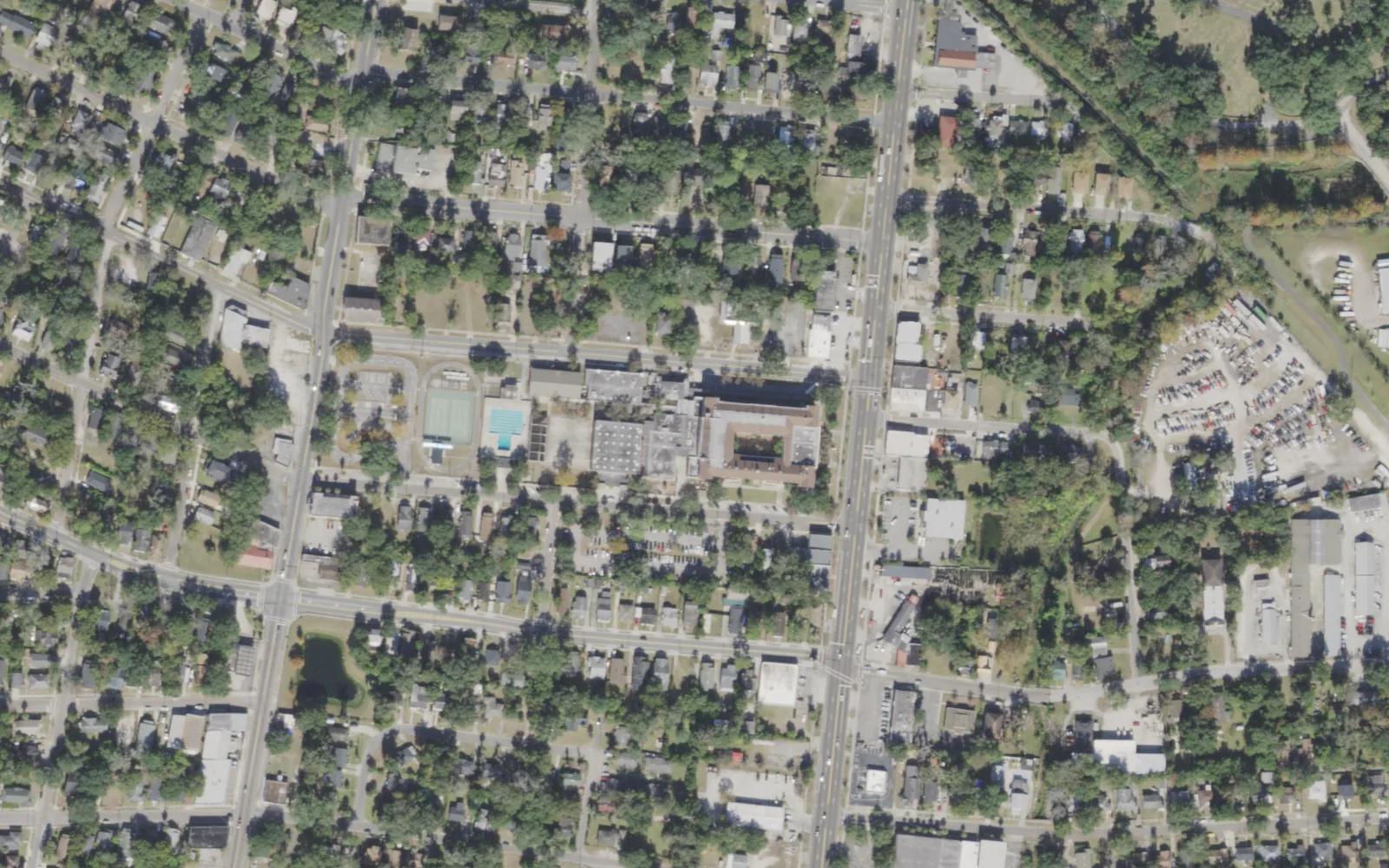 Andrew Jackson High's campus (center) and the blocks around it on North Main Street in Jacksonville, seen from the air