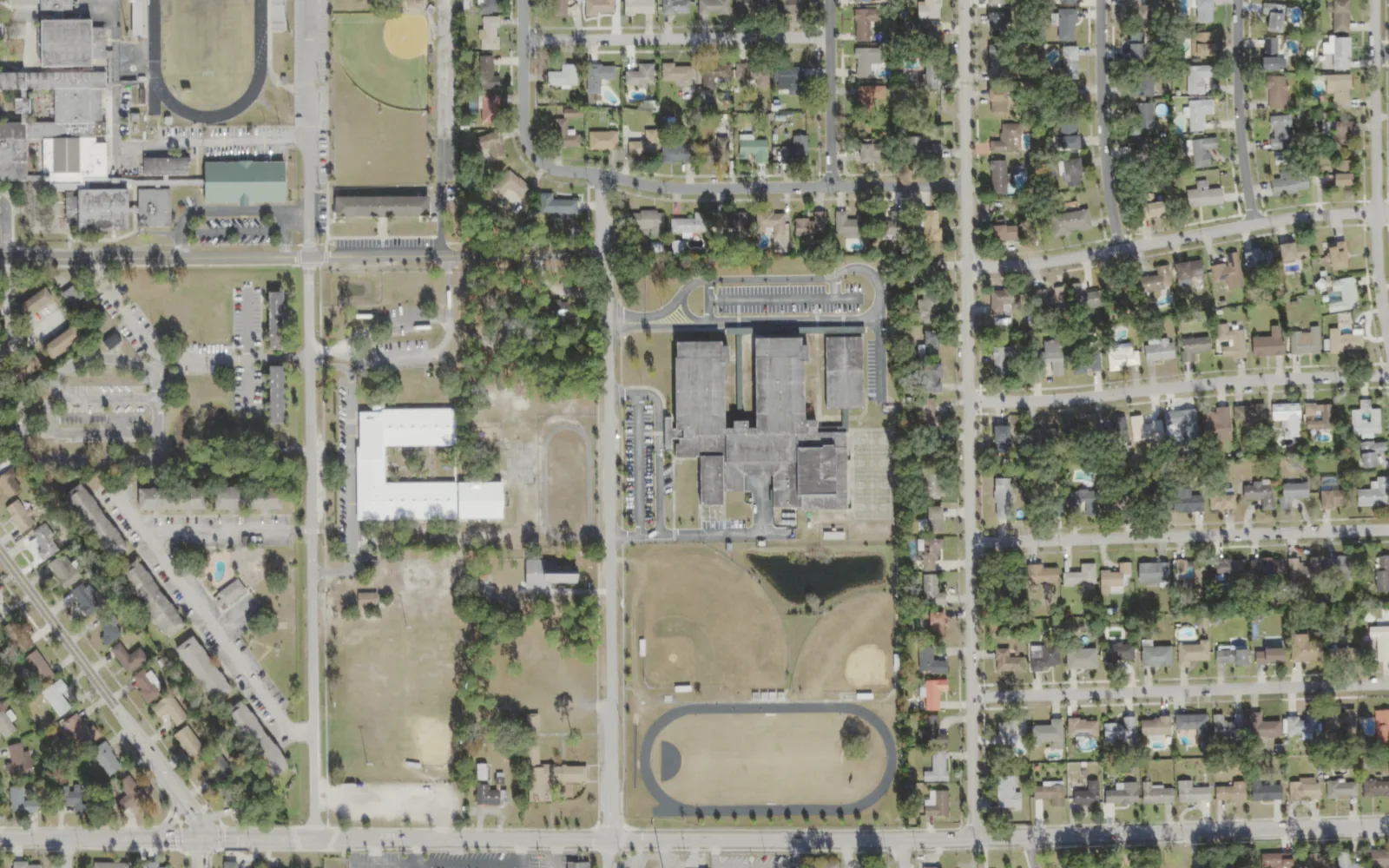 Arlington Middle's campus (center) and the blocks around it on Lone Star Road in Jacksonville, seen from the air