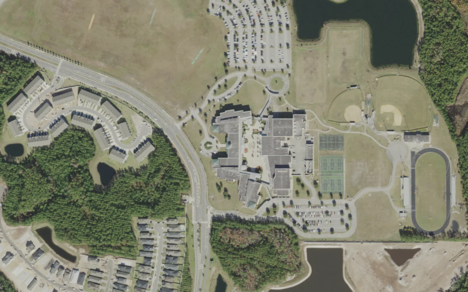 Atlantic Coast High's campus (center) and the blocks around it on Stingray Parkway in Jacksonville, seen from the air