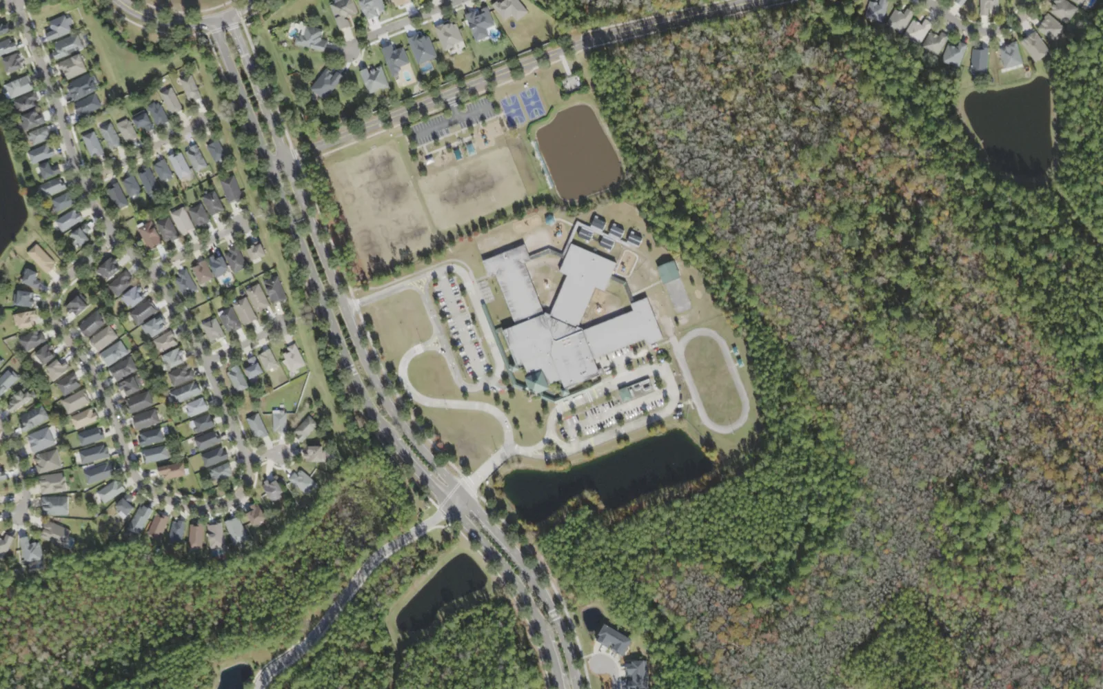 Bartram Springs Elementary's campus (center) and the blocks around it on Bartram Springs Parkway in Jacksonville, seen from the air