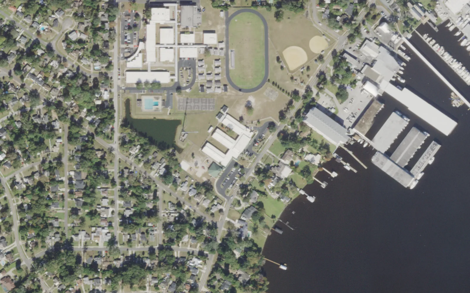 Bayview Elementary's campus (center) and the blocks around it on Lake Shore Boulevard in Jacksonville, seen from the air