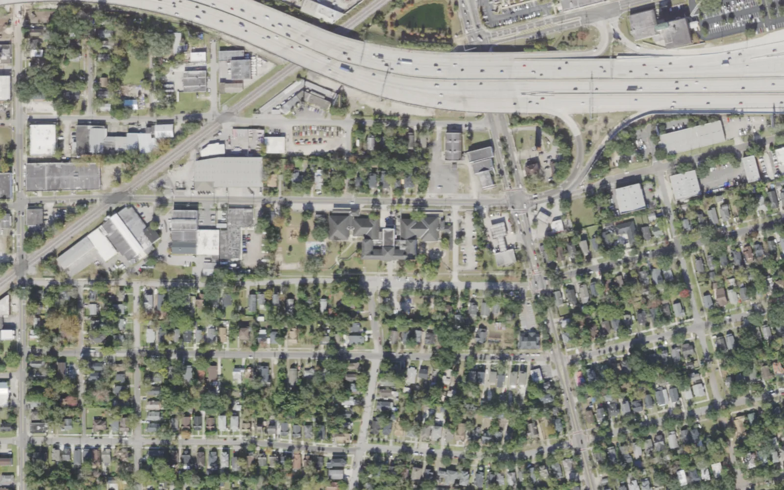 Central Riverside Elementary's campus (center) and the blocks around it on Gilmore Street in Jacksonville, seen from the air