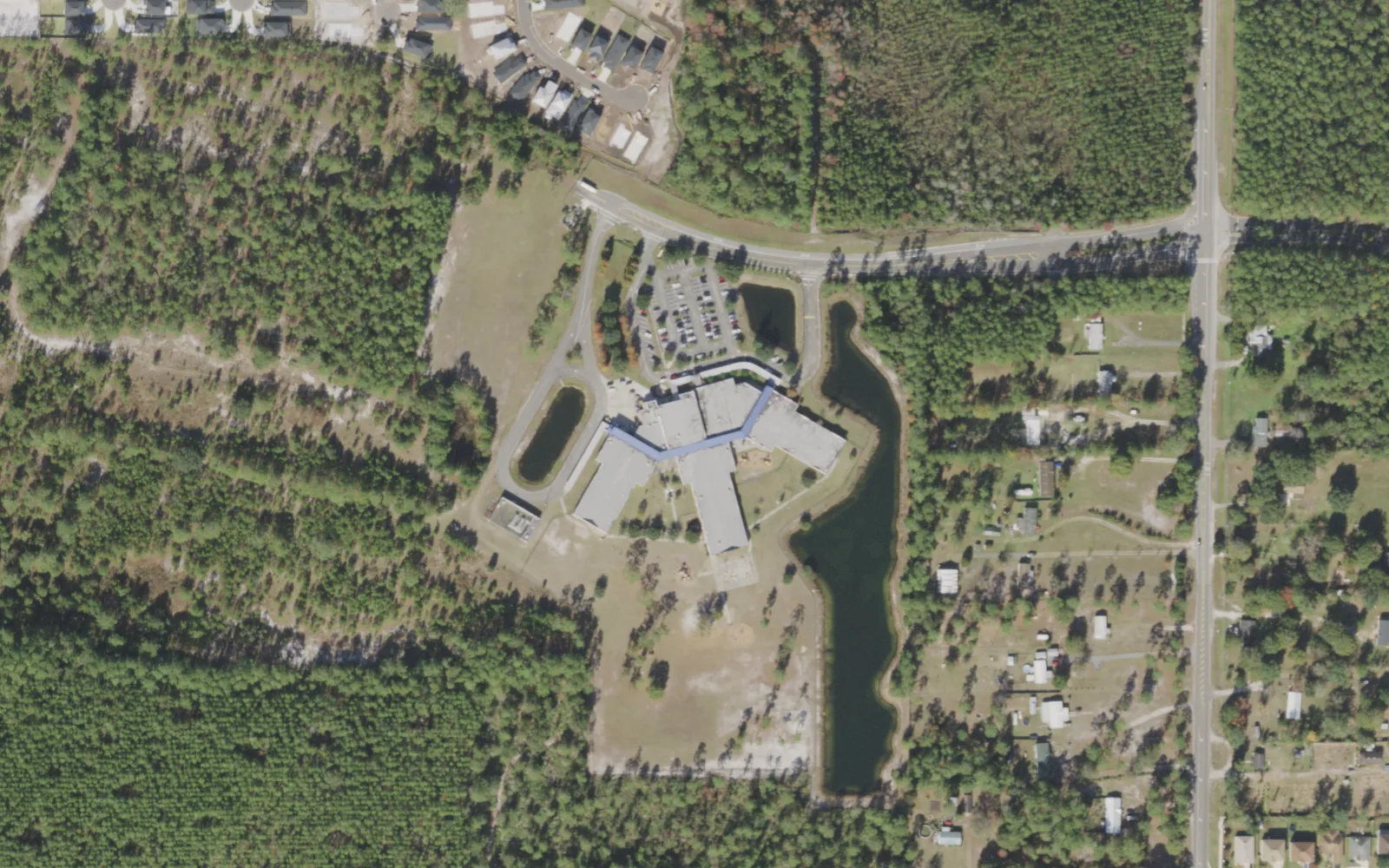 Chaffee Trail Elementary's campus (center) and the blocks around it on Sam Caruso Way in Jacksonville, seen from the air