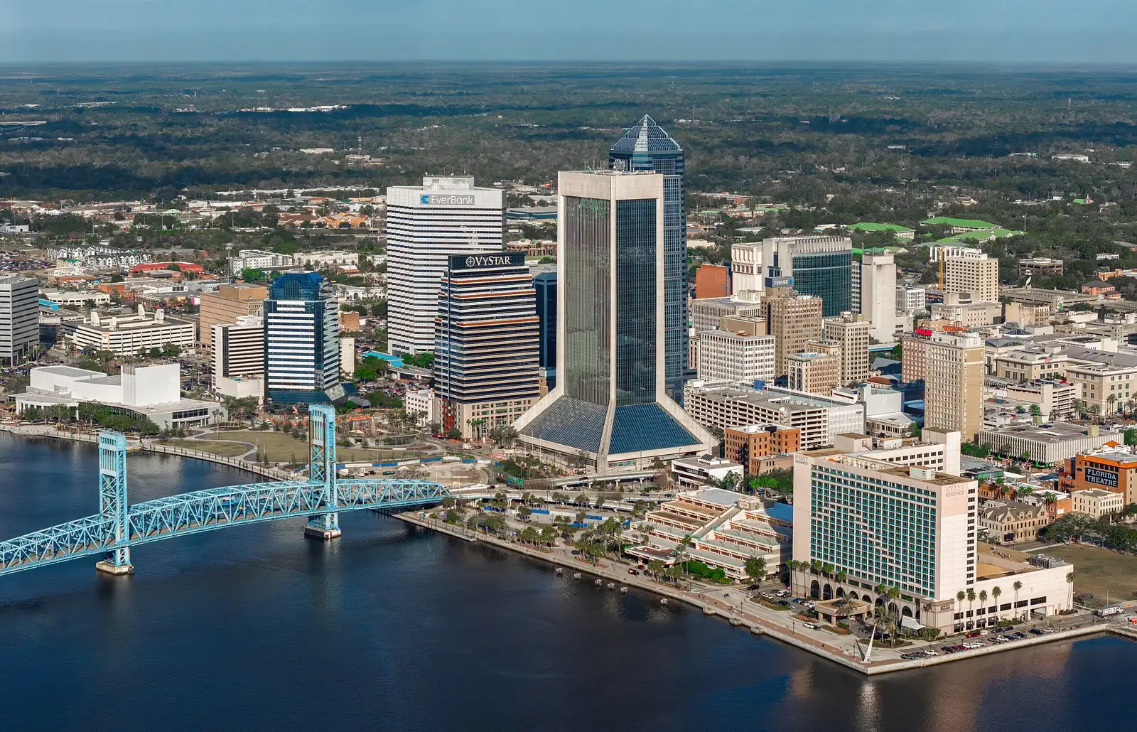 Downtown Jacksonville's Northbank and the Main Street Bridge over the St. Johns River, seen from the air
