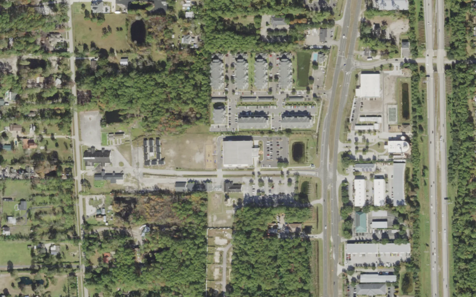 Cornerstone Classical Academy's campus (center) and the area around it on St. Johns Bluff Road South in Jacksonville, seen from the air