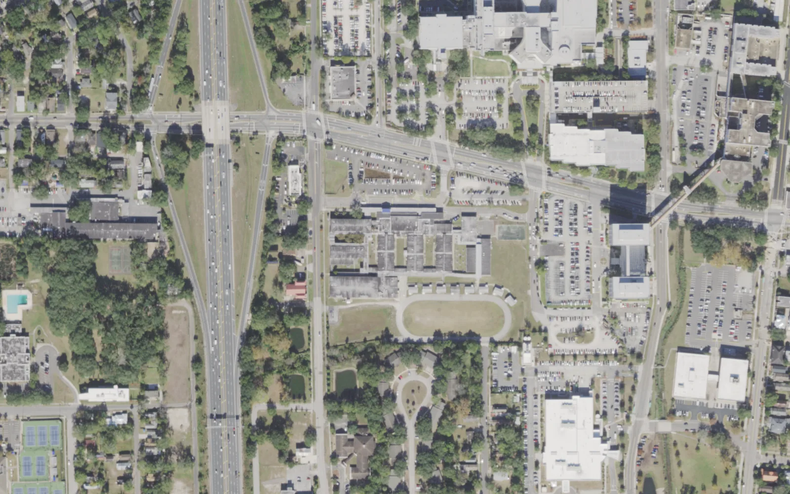Darnell-Cookman School of the Medical Arts' campus (center) and the blocks around it on North Davis Street in Jacksonville, seen from the air