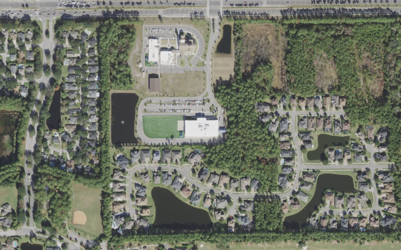 Duval Charter School at Coastal's campus (center) and the area around it on Beach Boulevard in Jacksonville, seen from the air