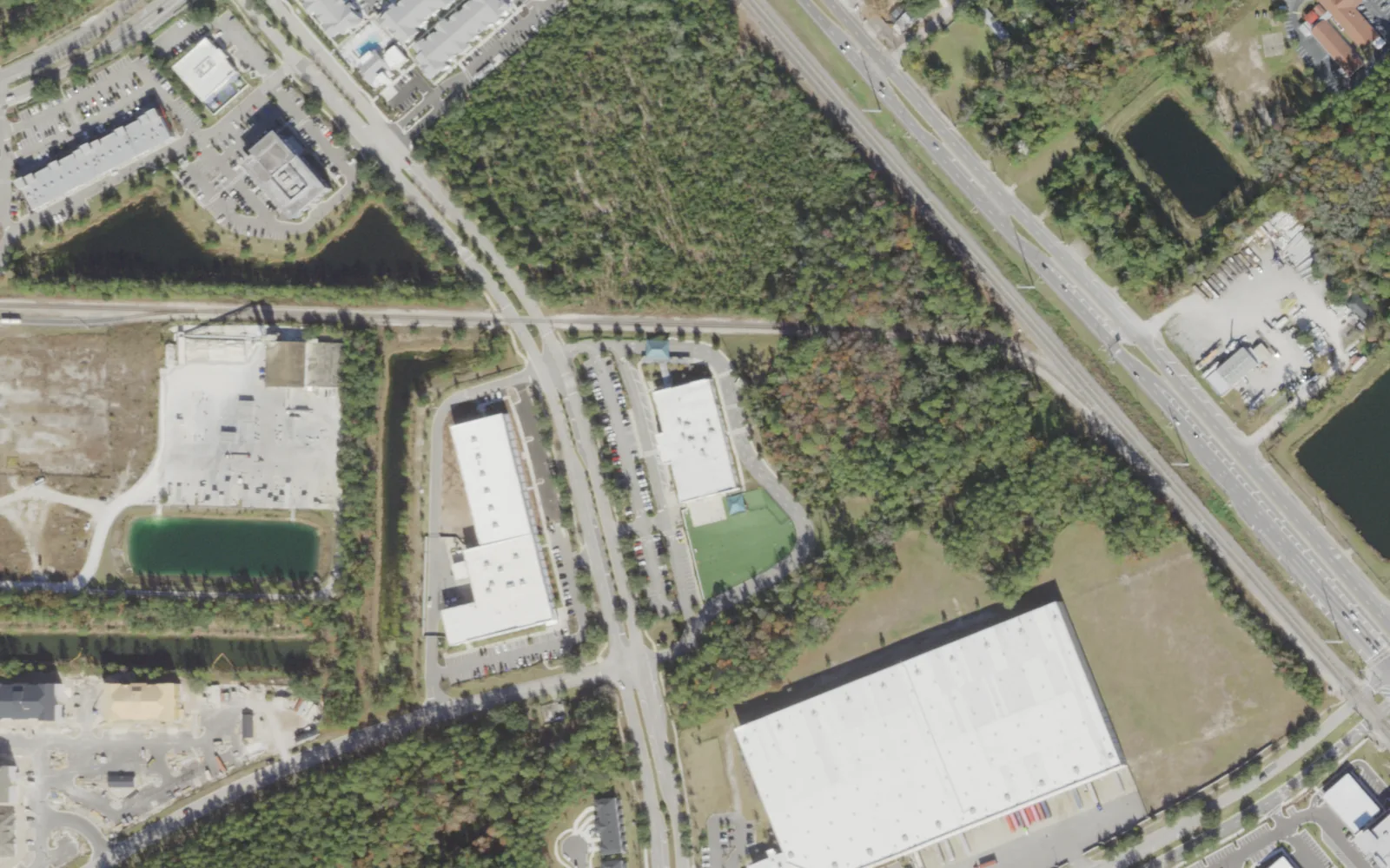 Duval Charter School at Flagler Center's campus (center) and the area around it on Flagler Center Boulevard in Jacksonville, seen from the air