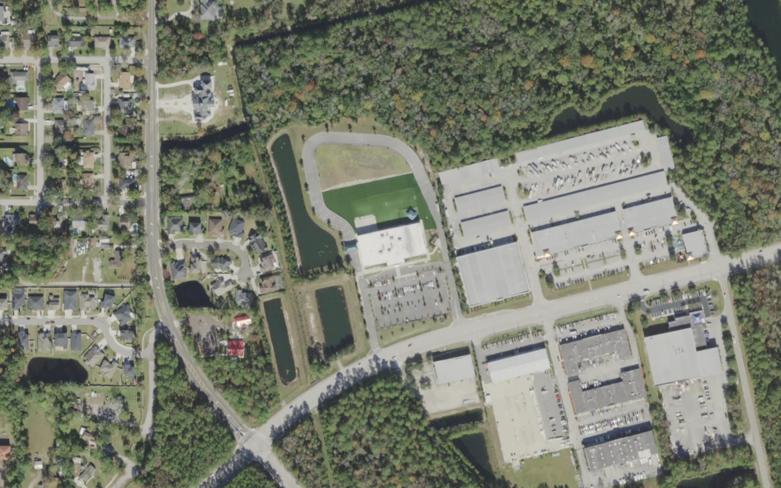 Duval Charter School at Mandarin's campus (center) and the area around it on Shad Road in Jacksonville, seen from the air