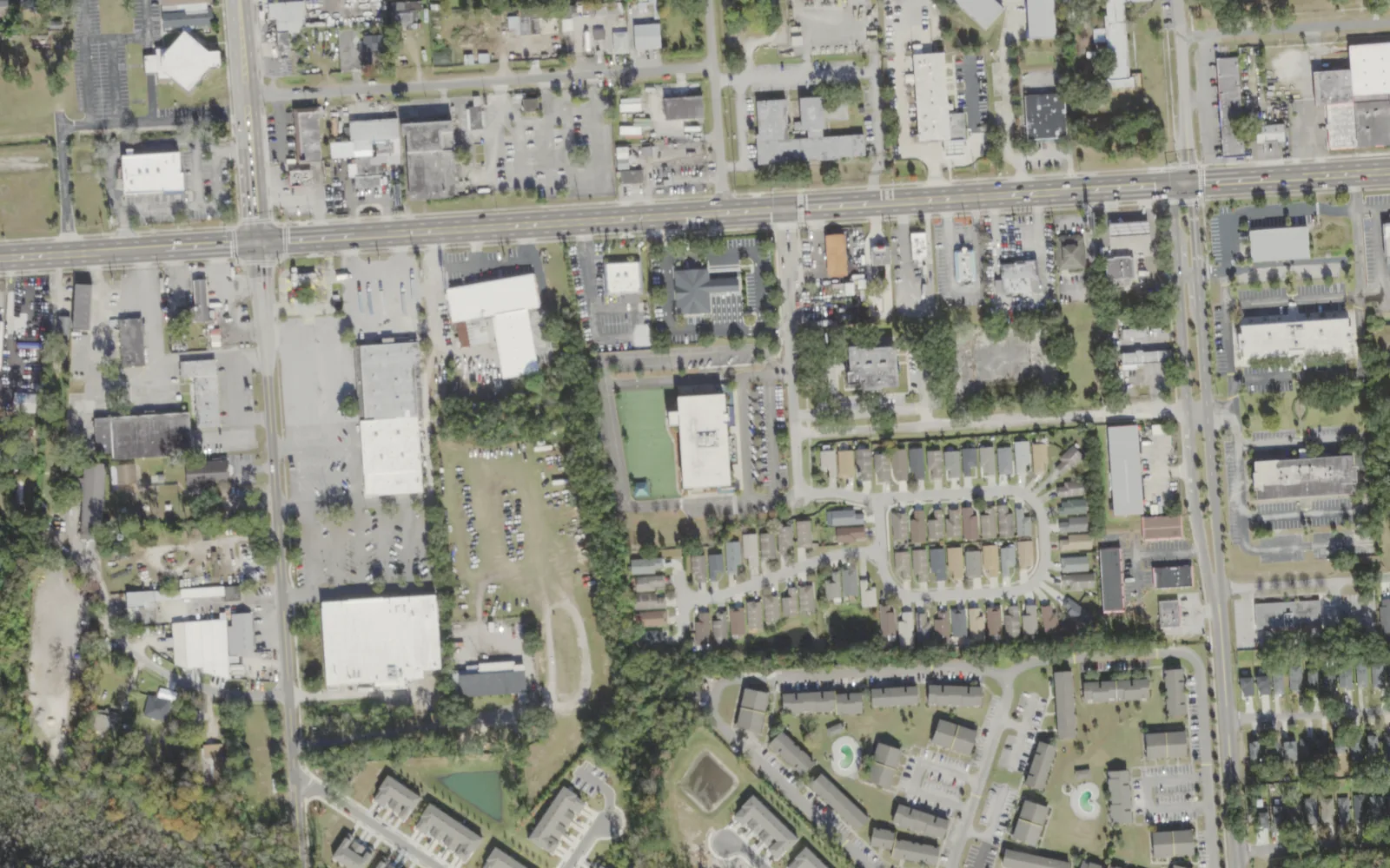 Duval Charter Scholars Academy's campus (center) and the area around it on Scholars Way in Jacksonville, seen from the air
