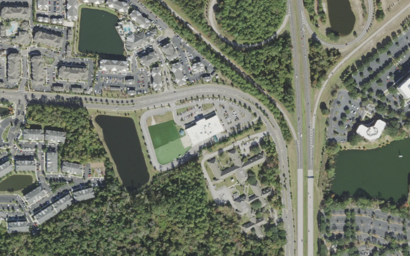 Duval Charter School at Southside's campus (center) and the area around it on A.C. Skinner Parkway in Jacksonville, seen from the air
