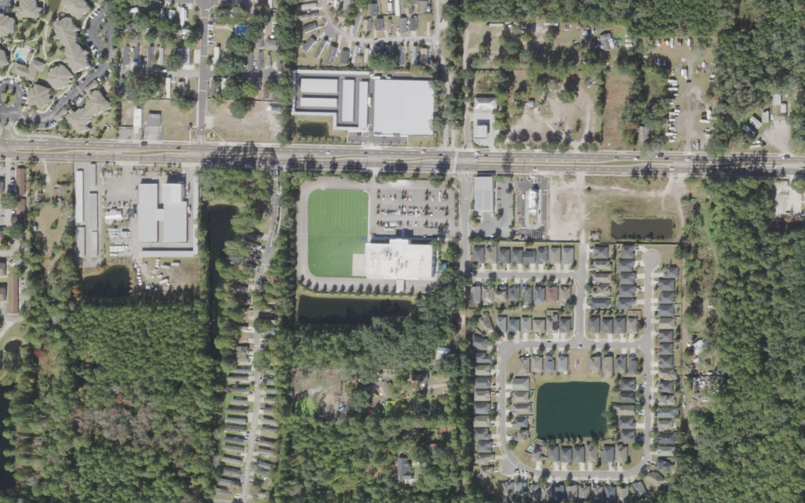 Duval Charter School at Westside's campus (center) and the area around it on 103rd Street in Jacksonville, seen from the air