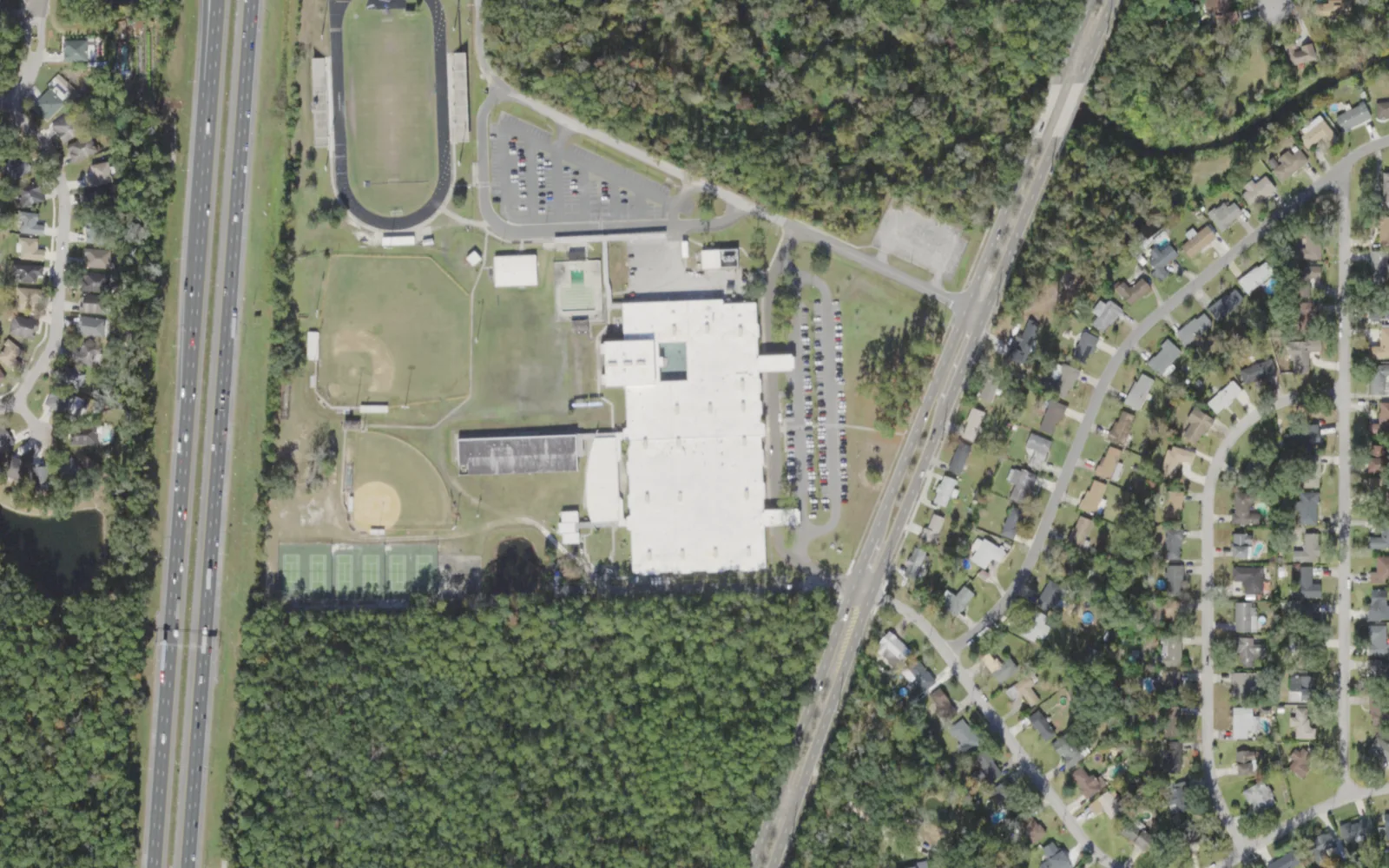 Edward H. White High's campus (center) and the blocks around it on Old Middleburg Road North in Jacksonville, seen from the air