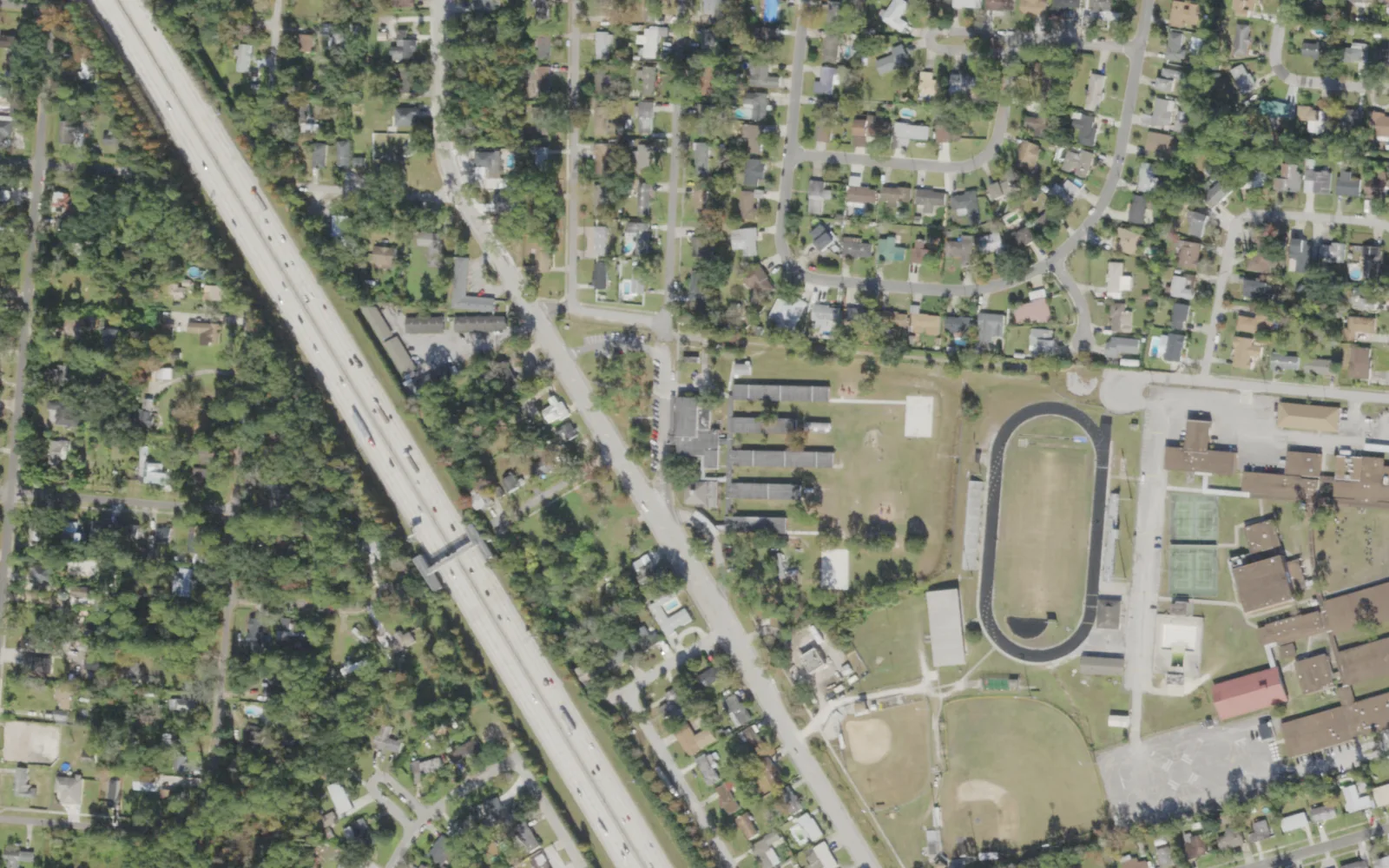 Englewood Elementary's campus (center) and the blocks around it on Spring Park Road in Jacksonville, seen from the air