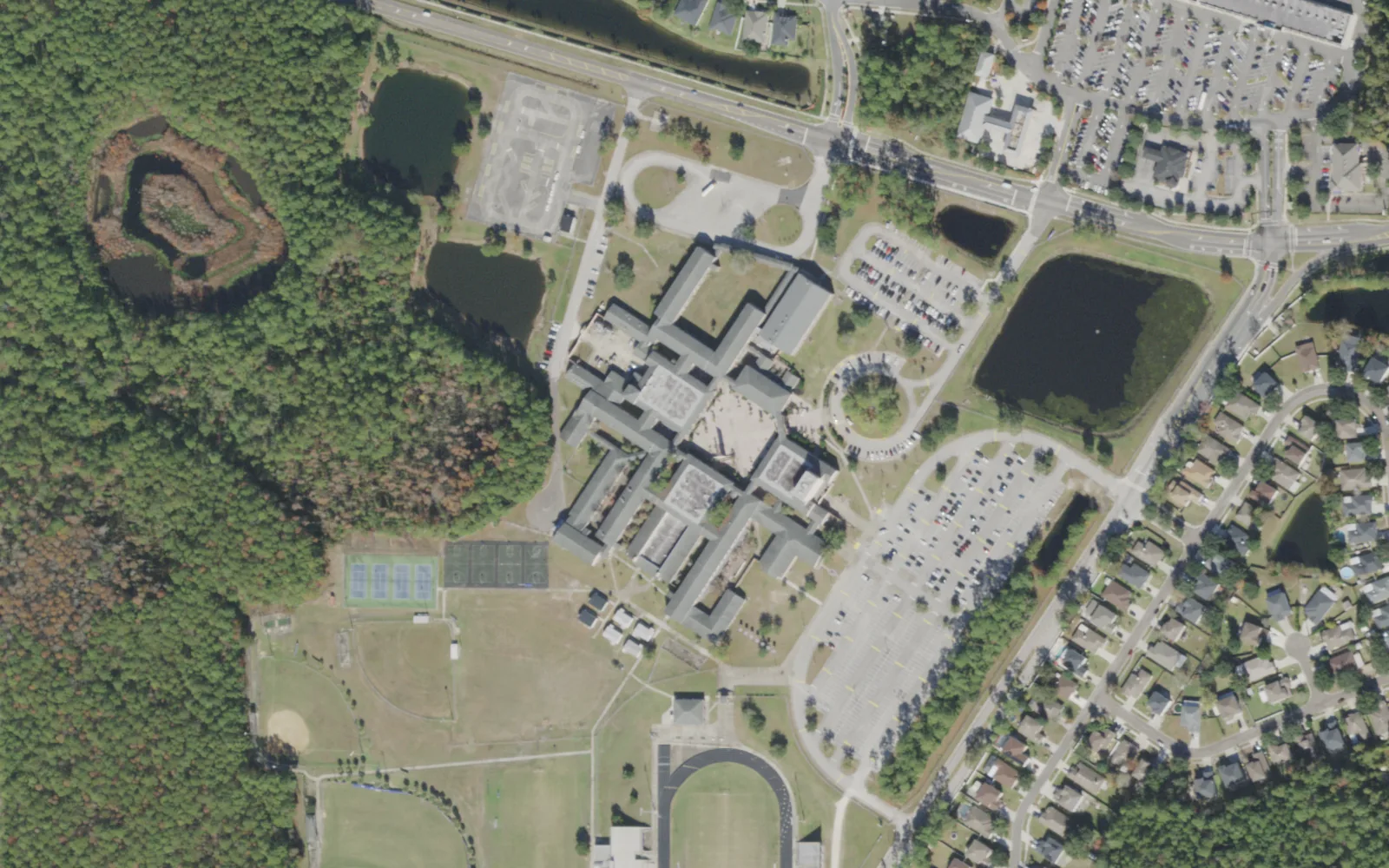 First Coast High's campus (center) and the blocks around it on Duval Station Road in Jacksonville, seen from the air