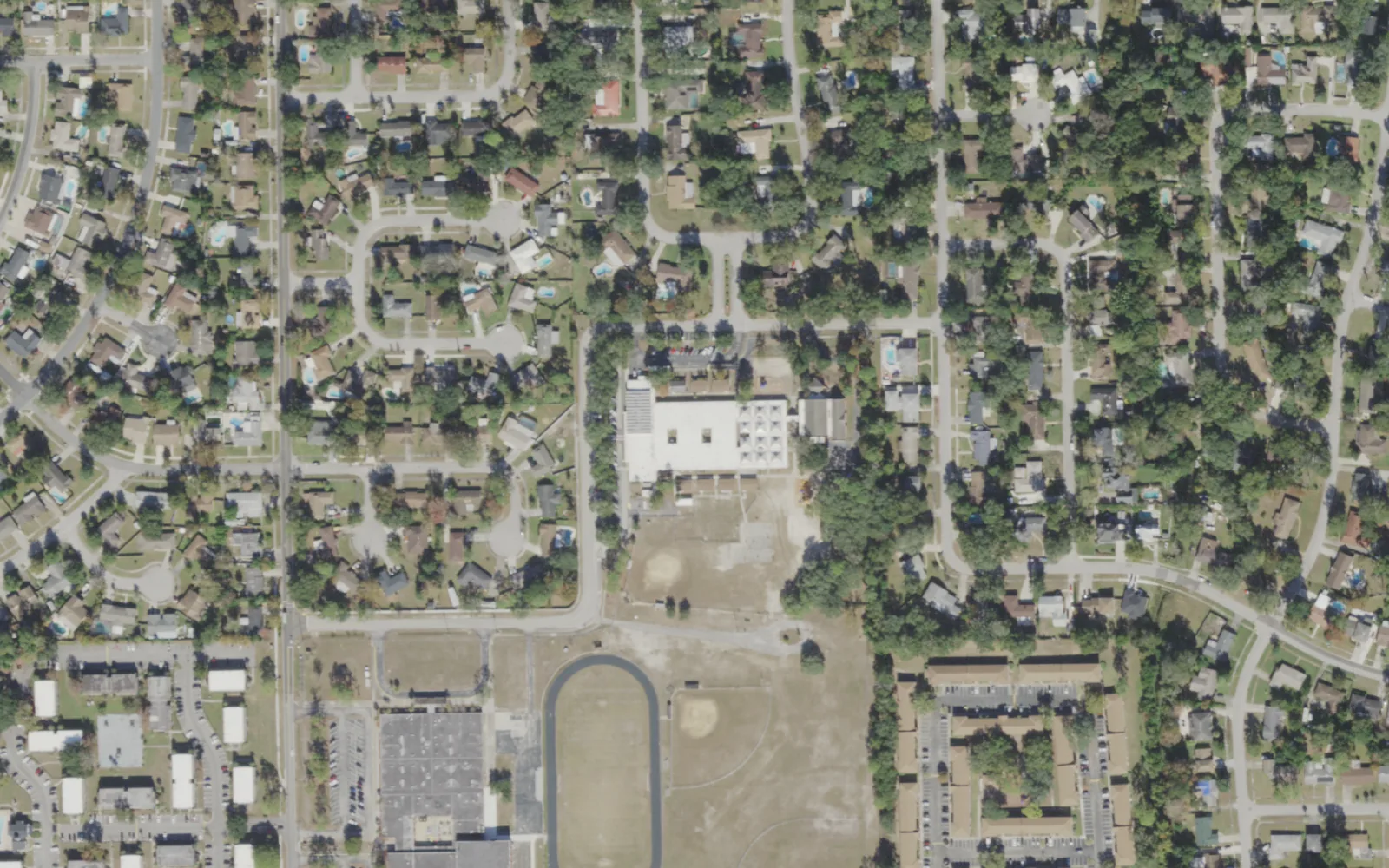 Fort Caroline Elementary's campus (center) and the blocks around it on Athore Drive in Jacksonville, seen from the air