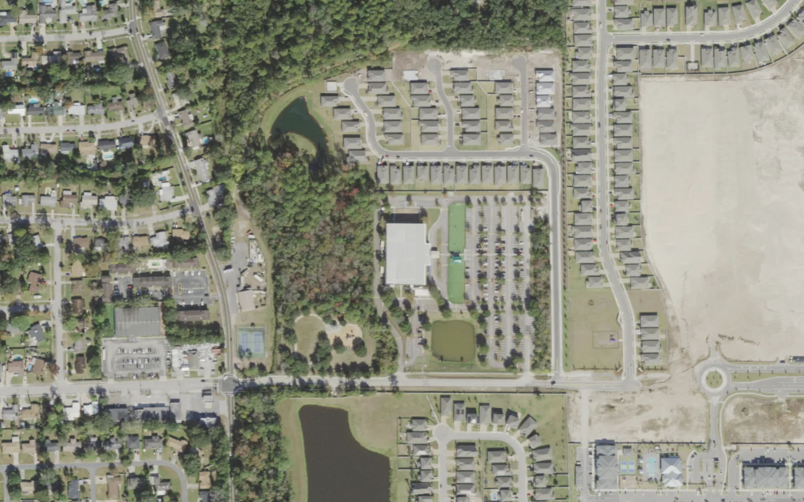 Global Leadership Academy Discovery's campus (center) and the area around it on Lone Star Road in Jacksonville, seen from the air