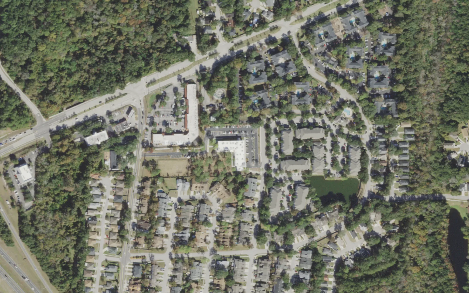 Global Leadership Academy High School's campus (center) and the area around it on Fromage Way in Jacksonville, seen from the air