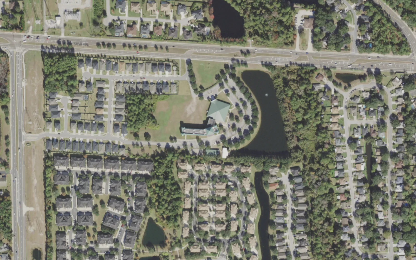 Global Leadership Academy Intercoastal's campus (center) and the area around it on McCormick Road in Jacksonville, seen from the air