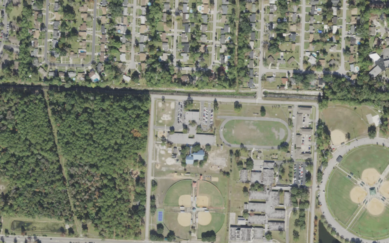 Greenfield Elementary's campus (center) and the blocks around it on Knights Lane North in Jacksonville, seen from the air