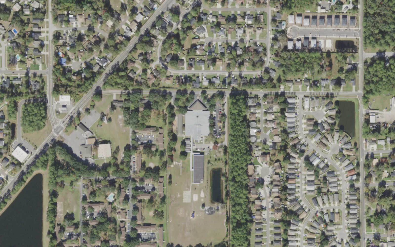 Gregory Drive Elementary's campus (center) and the blocks around it on Gregory Drive in Jacksonville, seen from the air