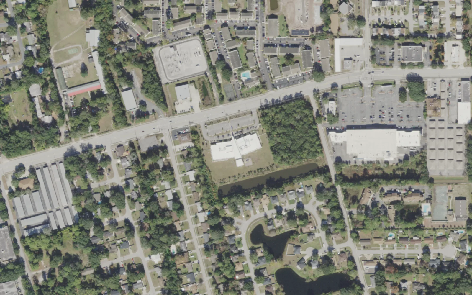 Jacksonville Classical Academy East's campus (center) and the area around it on Fort Caroline Road in Jacksonville, seen from the air