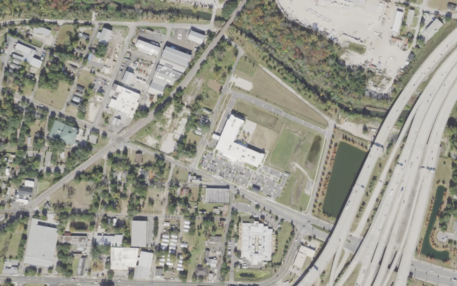 Jacksonville Classical Academy's campus (center) and the area around it on Forest Street in Jacksonville, seen from the air