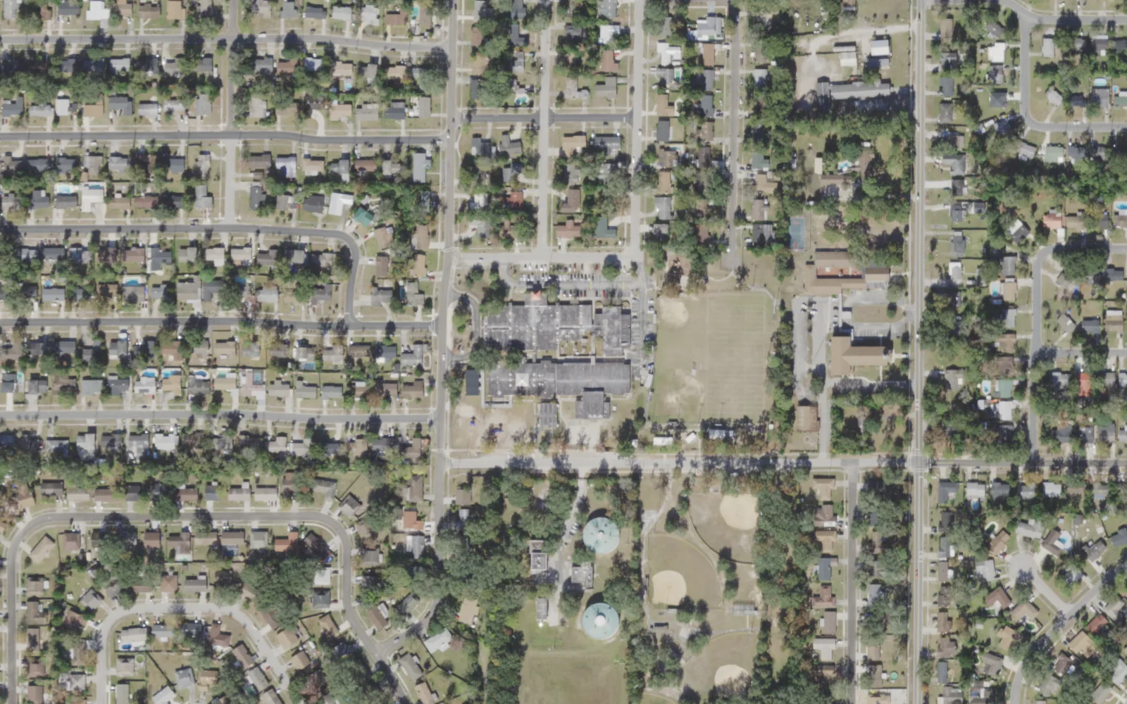 Jacksonville Heights Elementary's campus (center) and the blocks around it on Tempest Street South in Jacksonville, seen from the air