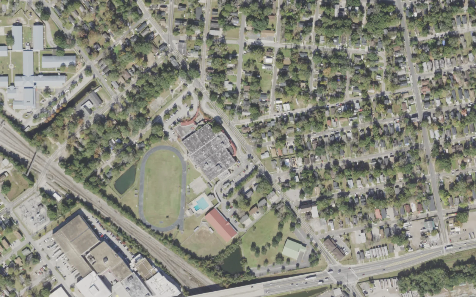 Jacksonville STEM Academy's campus (center) and the blocks around it on Acorn Street in Jacksonville, seen from the air