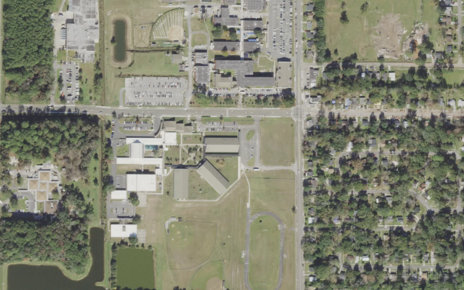 James Weldon Johnson College Preparatory Middle's campus (center) and the blocks around it on Norman E. Thagard Boulevard in Jacksonville, seen from the air