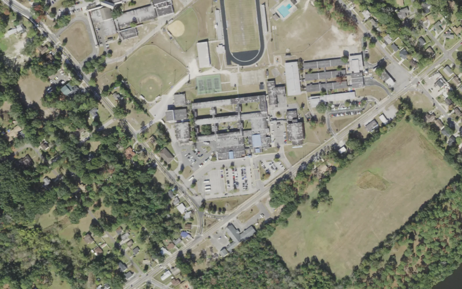 Jean Ribault High's campus (center) and the blocks around it on Winton Drive in Jacksonville, seen from the air