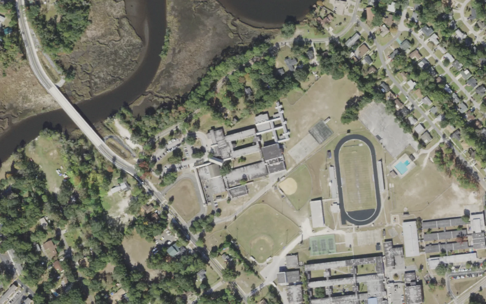 Jean Ribault Middle's campus (center) and the blocks around it on Ribault Scenic Drive in Jacksonville, seen from the air