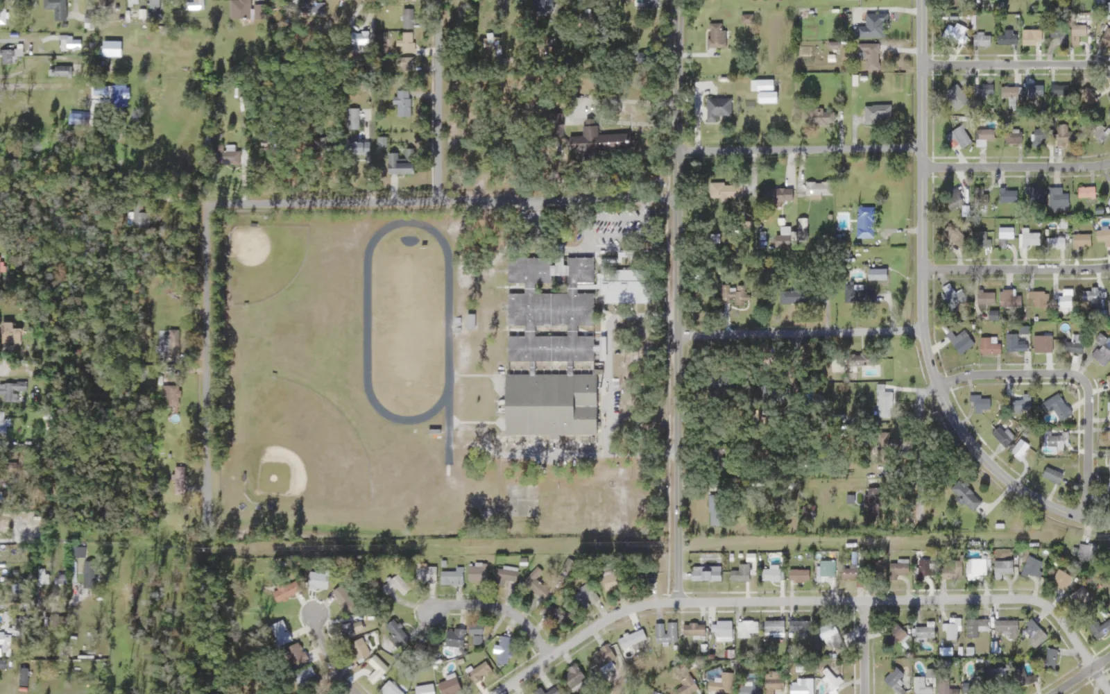 Joseph Stilwell Military Academy of Leadership's campus (center) and the blocks around it on Burma Road in Jacksonville, seen from the air