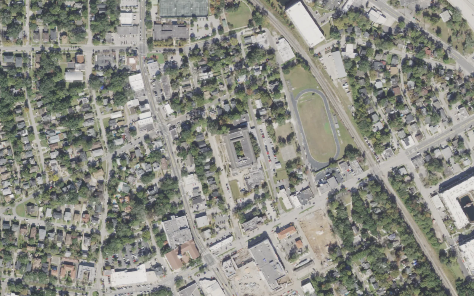Julia Landon College Preparatory's campus (center) and the blocks around it on Thacker Avenue in Jacksonville, seen from the air