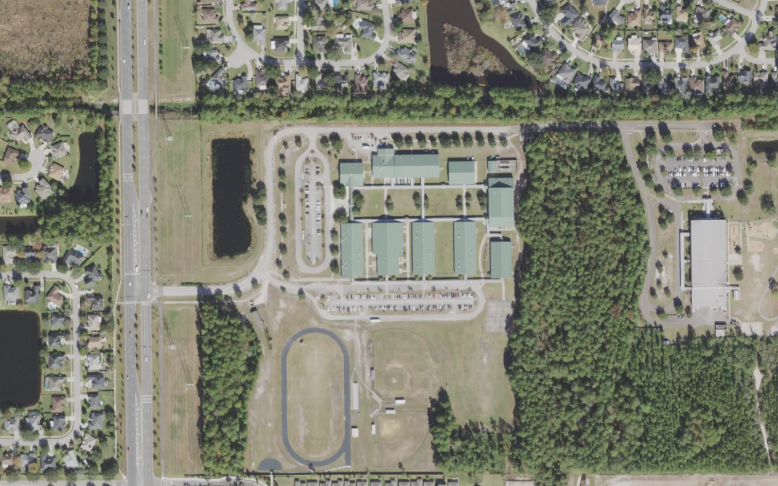 Kernan Middle's campus (center) and the blocks around it on Kernan Boulevard South in Jacksonville, seen from the air