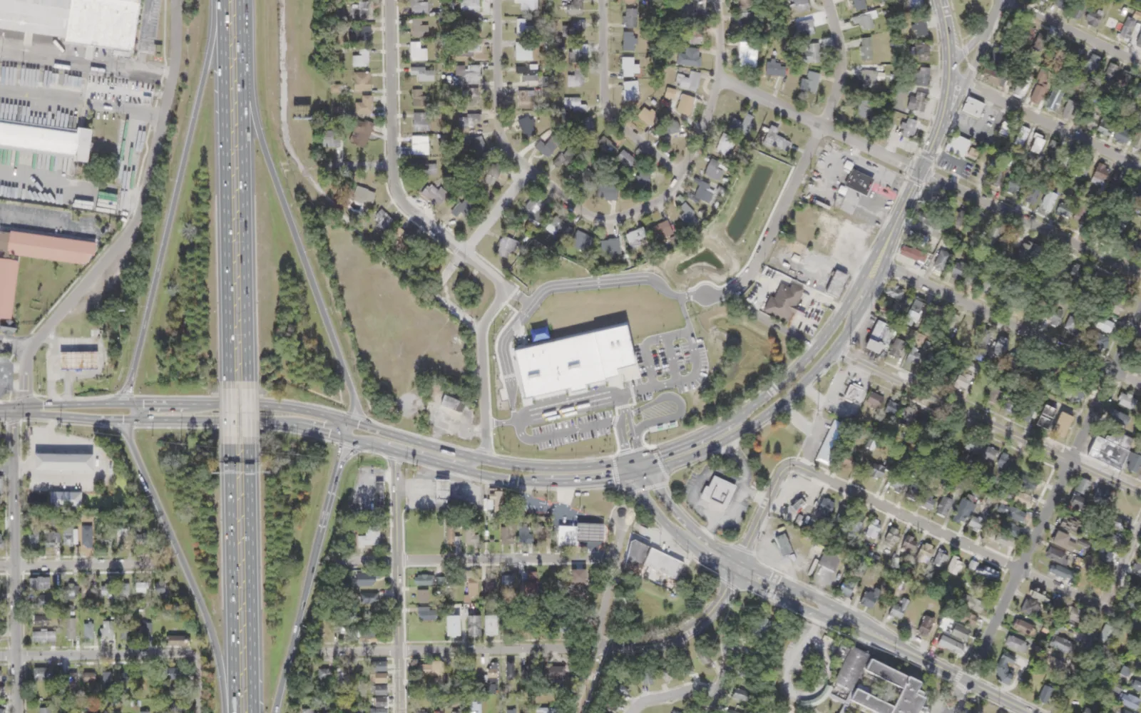 KIPP VOICE Academy's campus (center) and the area around it on Golfair Boulevard in Jacksonville, seen from the air