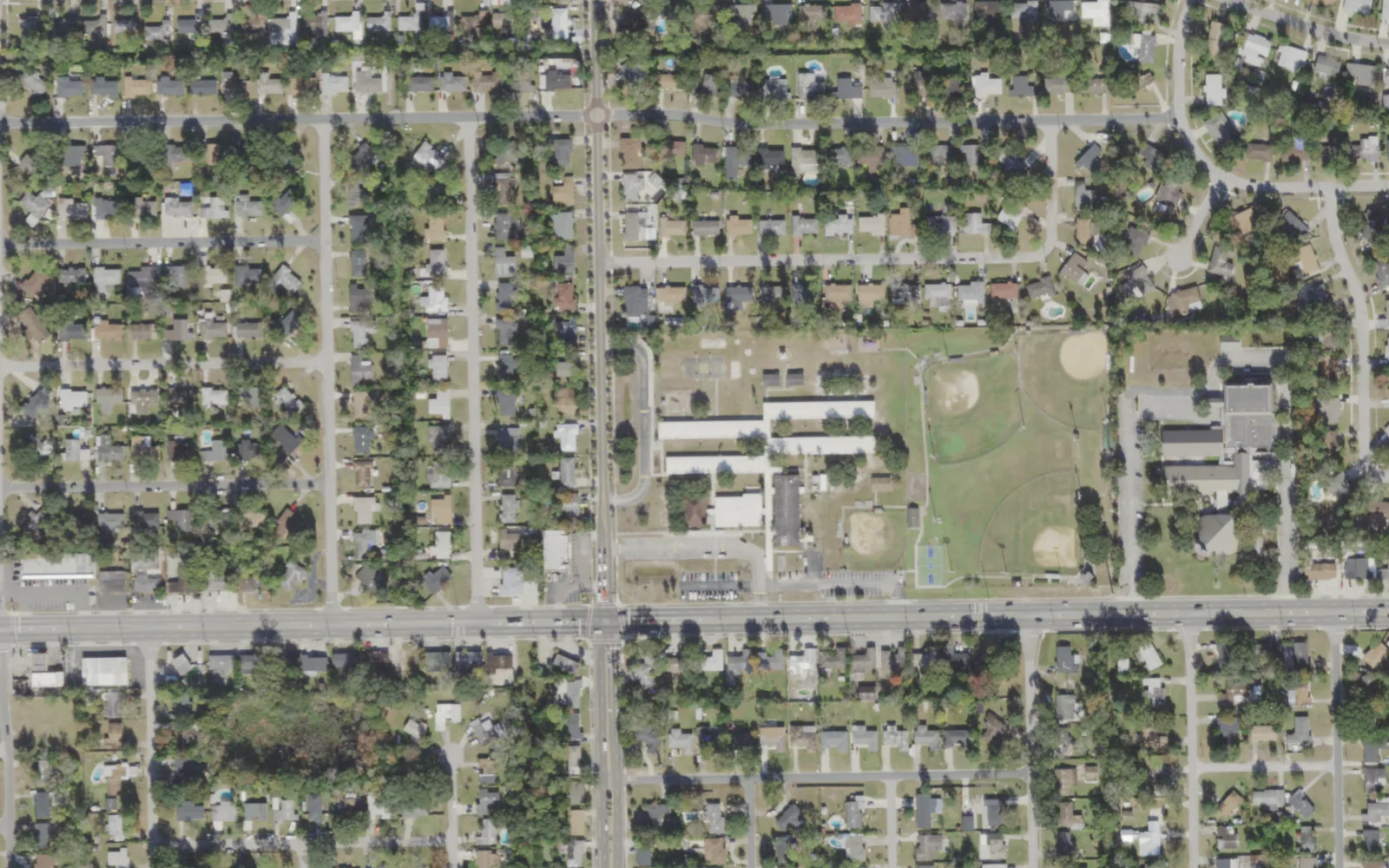 Lake Lucina Elementary's campus (center) and the blocks around it on Merrill Road in Jacksonville, seen from the air