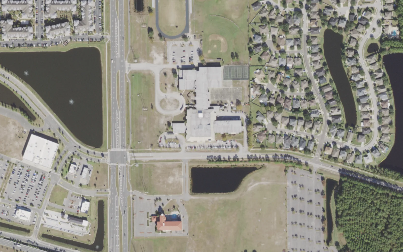 Landmark Middle's campus (center) and the blocks around it on Kernan Boulevard North in Jacksonville, seen from the air