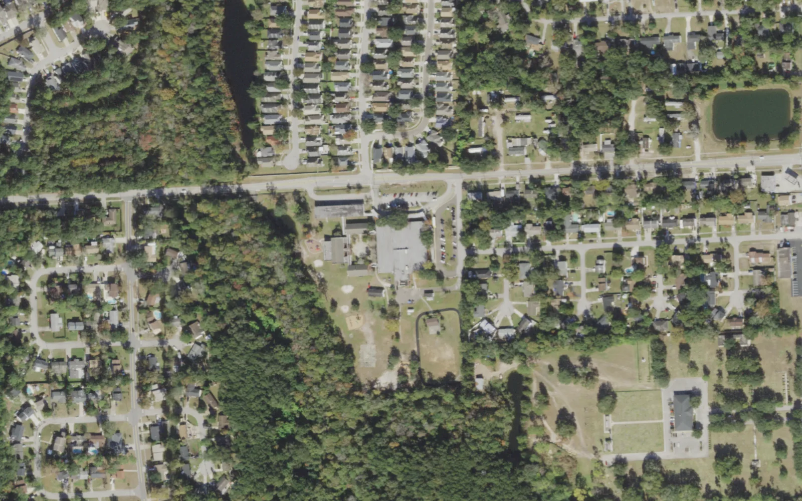 Lone Star Elementary's campus (center) and the blocks around it on Lone Star Road in Jacksonville, seen from the air