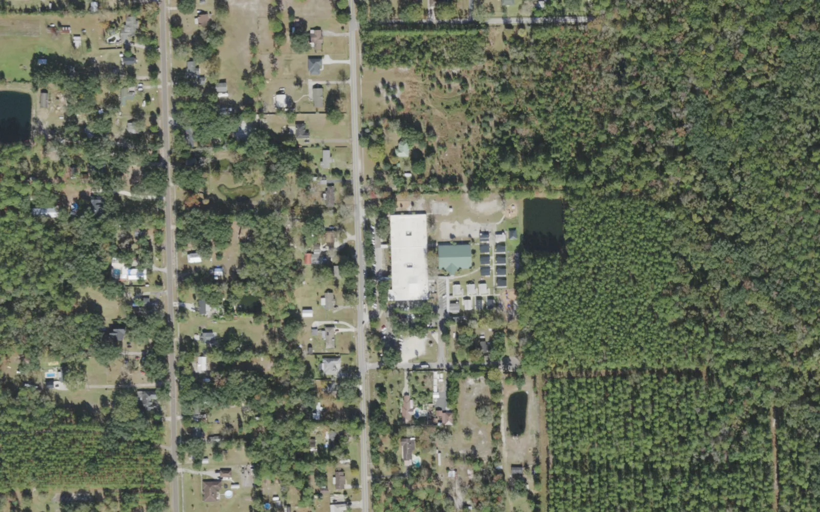 Louis Sheffield Elementary's campus (center) and the blocks around it on Lanier Road in Jacksonville, seen from the air