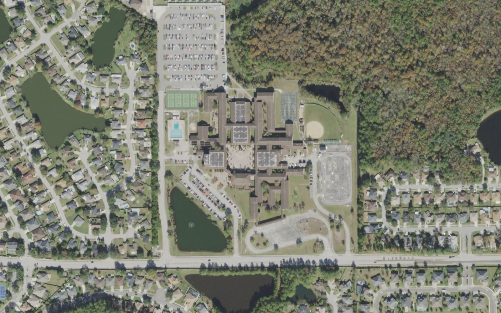 Mandarin High's campus (center) and the blocks around it on Greenland Road in Jacksonville, seen from the air