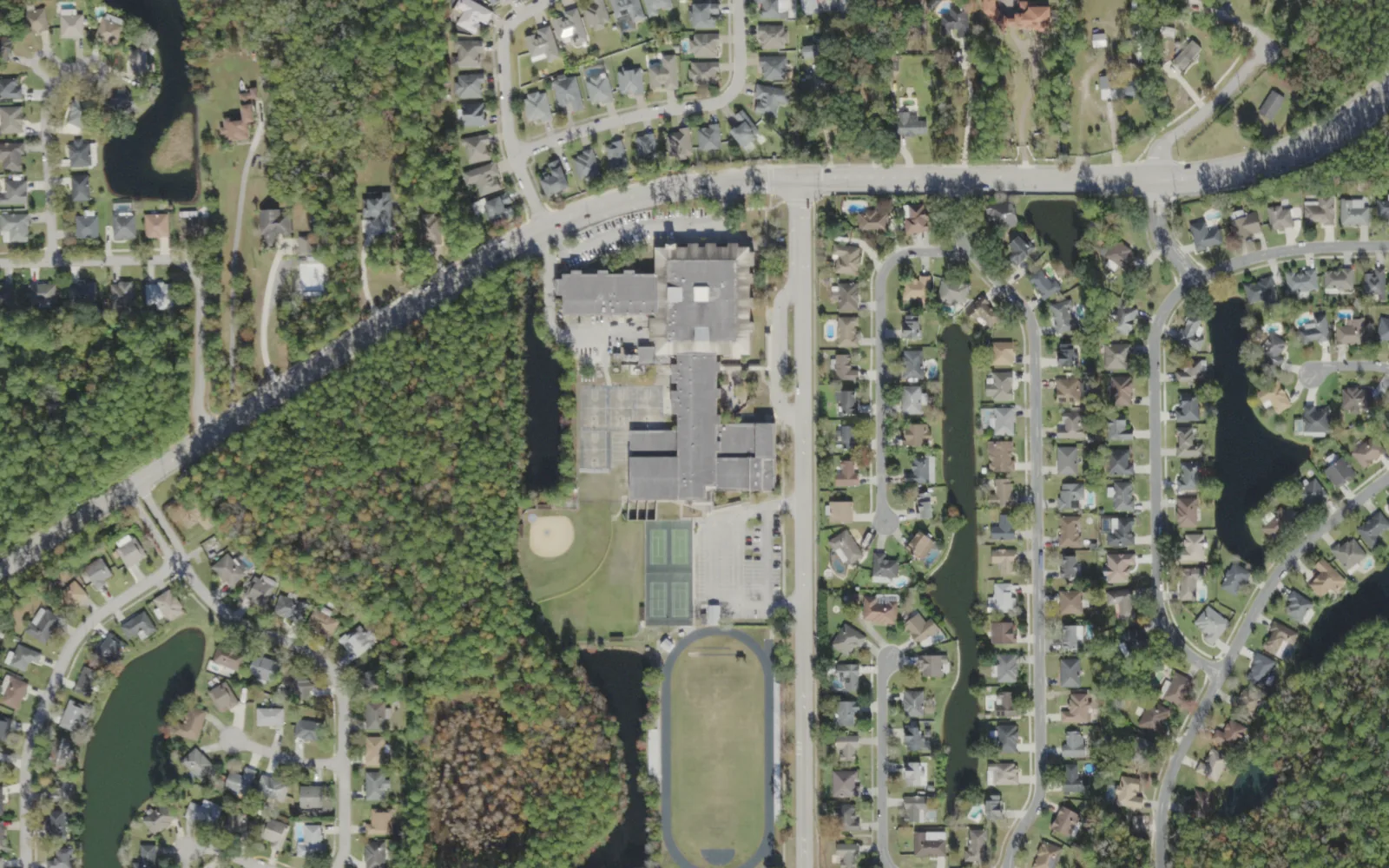 Mandarin Middle's campus (center) and the blocks around it on Hood Road in Jacksonville, seen from the air