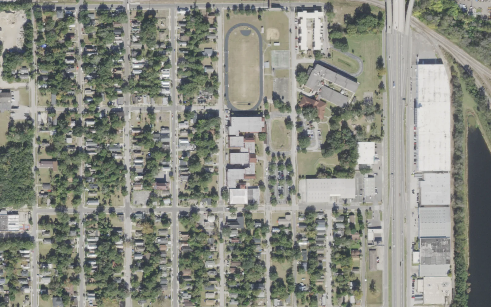 Matthew W. Gilbert Middle's campus (center) and the blocks around it on Franklin Street in Jacksonville, seen from the air