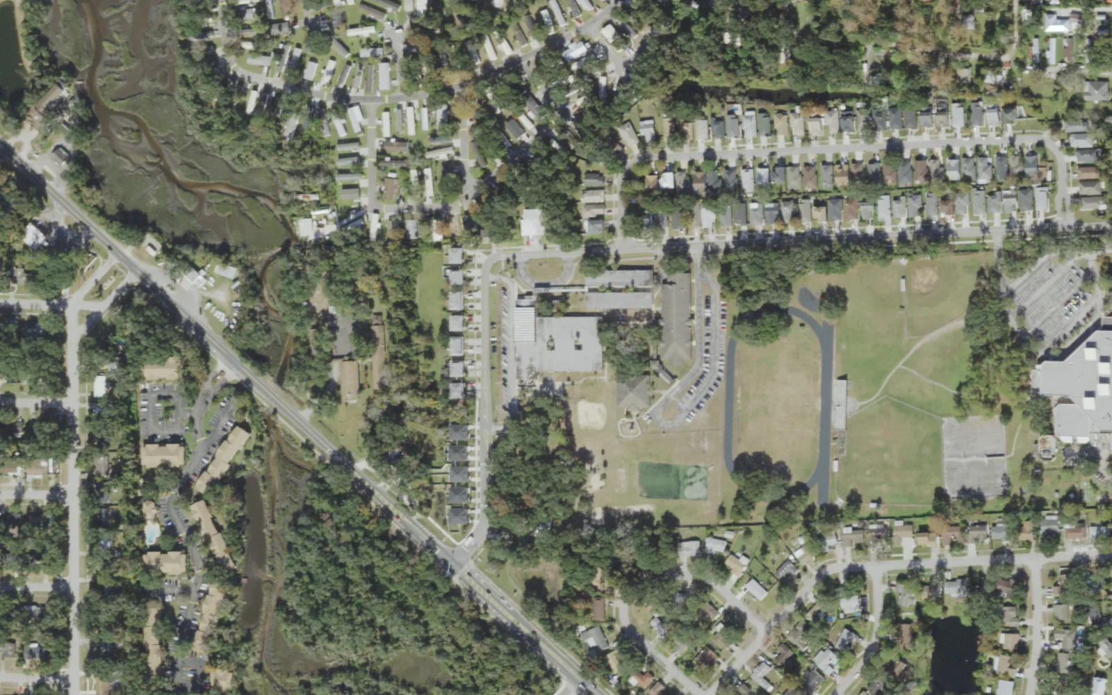 Mayport Coastal Sciences Elementary's campus (center) and the blocks around it on Shangri La Drive in Jacksonville's Mayport area, seen from the air