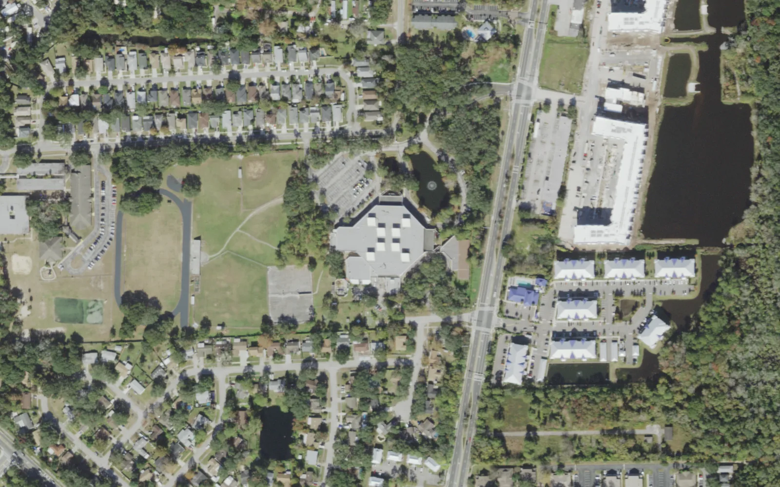 Mayport Coastal Sciences Middle's campus (center) and the area around it on Mayport Road in Jacksonville, seen from the air