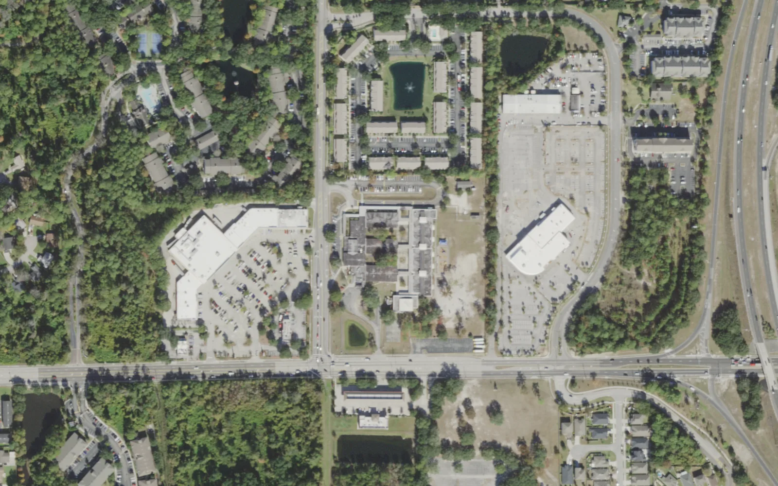 Merrill Road Elementary's campus (center) and the blocks around it on Merrill Road in Jacksonville, seen from the air